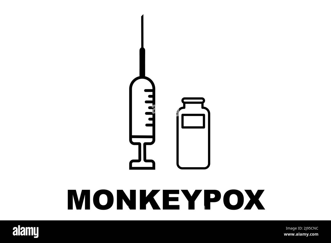 Vaccino. Monkeypox. Vaccino contro il vaiolo. Disegno di un vaccino con l'iniezione, la siringa e il flaconcino. Vaccino per la scimmietta. Disegno illustrativo. Foto Stock