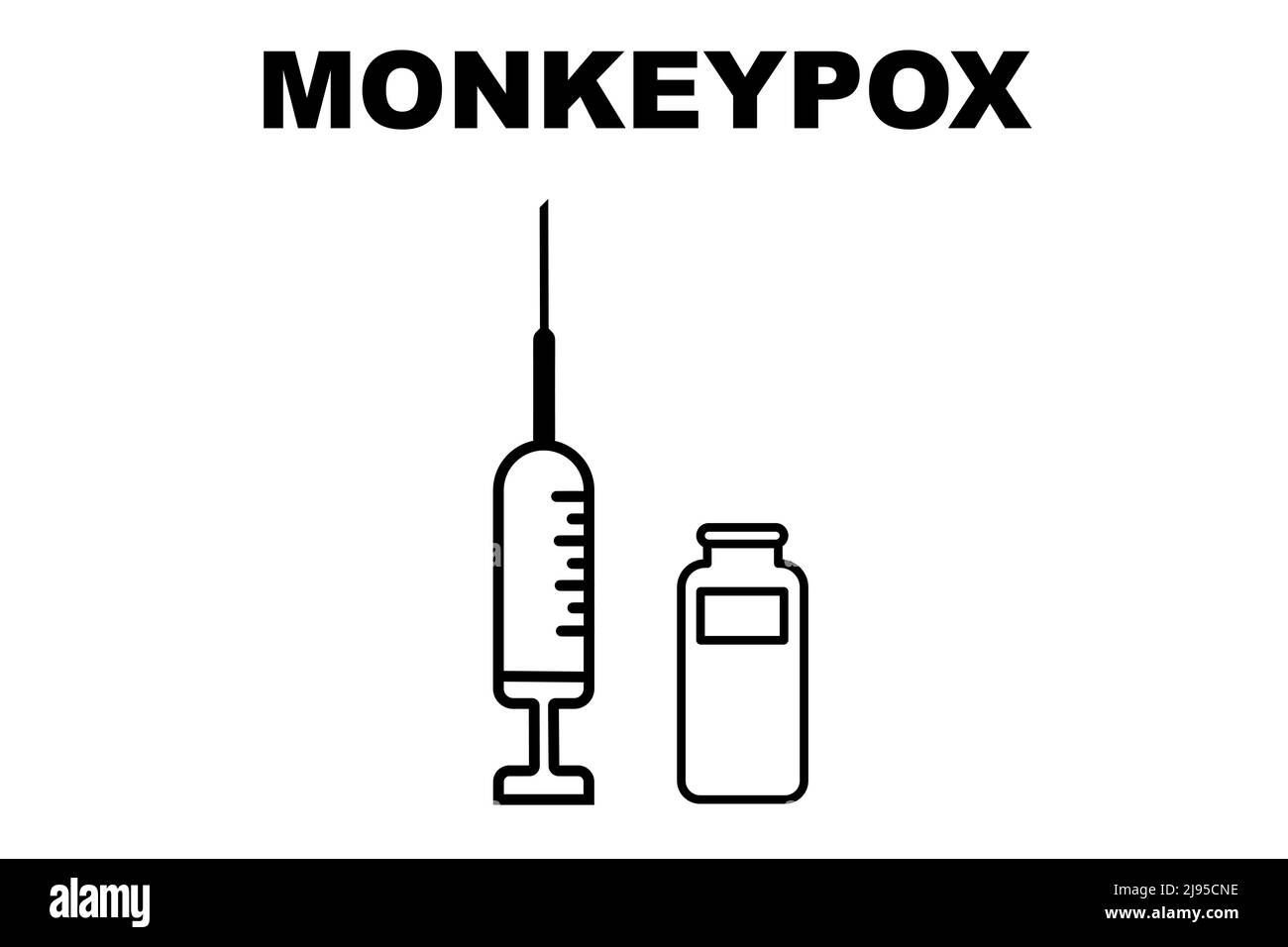Vaccino. Monkeypox. Vaccino contro il vaiolo. Disegno di un vaccino con l'iniezione, la siringa e il flaconcino. Vaccino per la scimmietta. Disegno illustrativo. Foto Stock