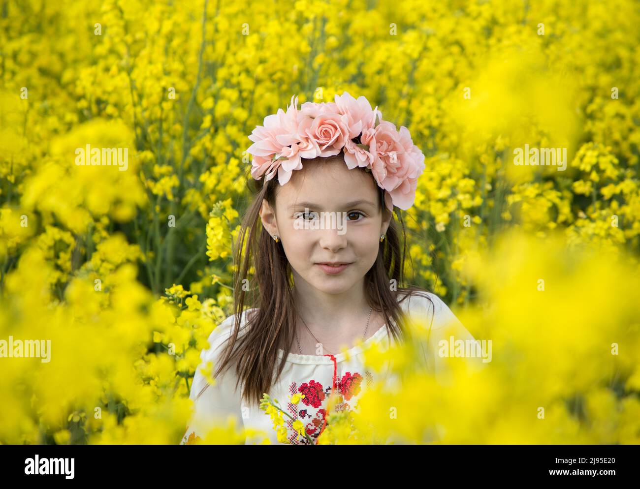 Ritratto del viso di una ragazza carina di 7 anni in una corona e una tradizionale blusa ricamata tra un campo di colza giallo fiorito. Bambini per la Pace. Foto Stock