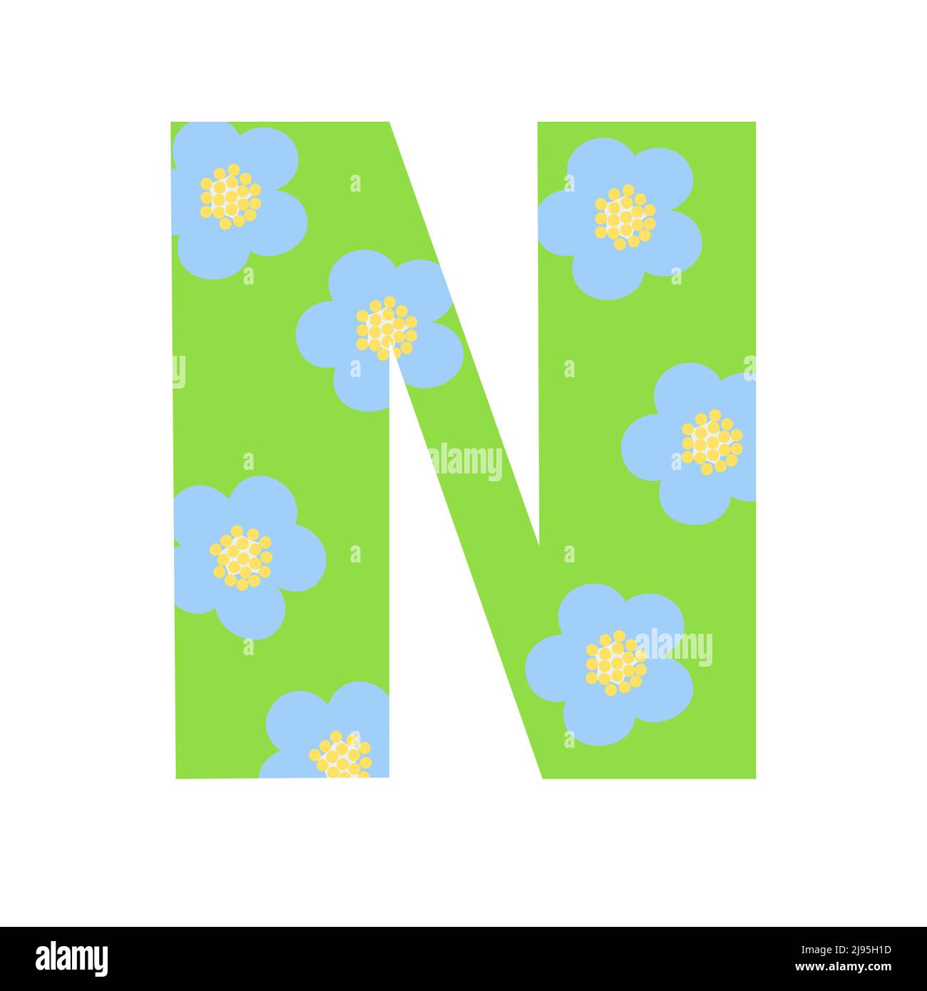 Maiuscolo verde brillante decorato con fiori primavera lettera disegnata a mano N di alfabeto inglese semplice cartoon stile illustrazione vettoriale, calligrafica abc, carino divertente scrittura a mano, scarabeo e lettere Illustrazione Vettoriale
