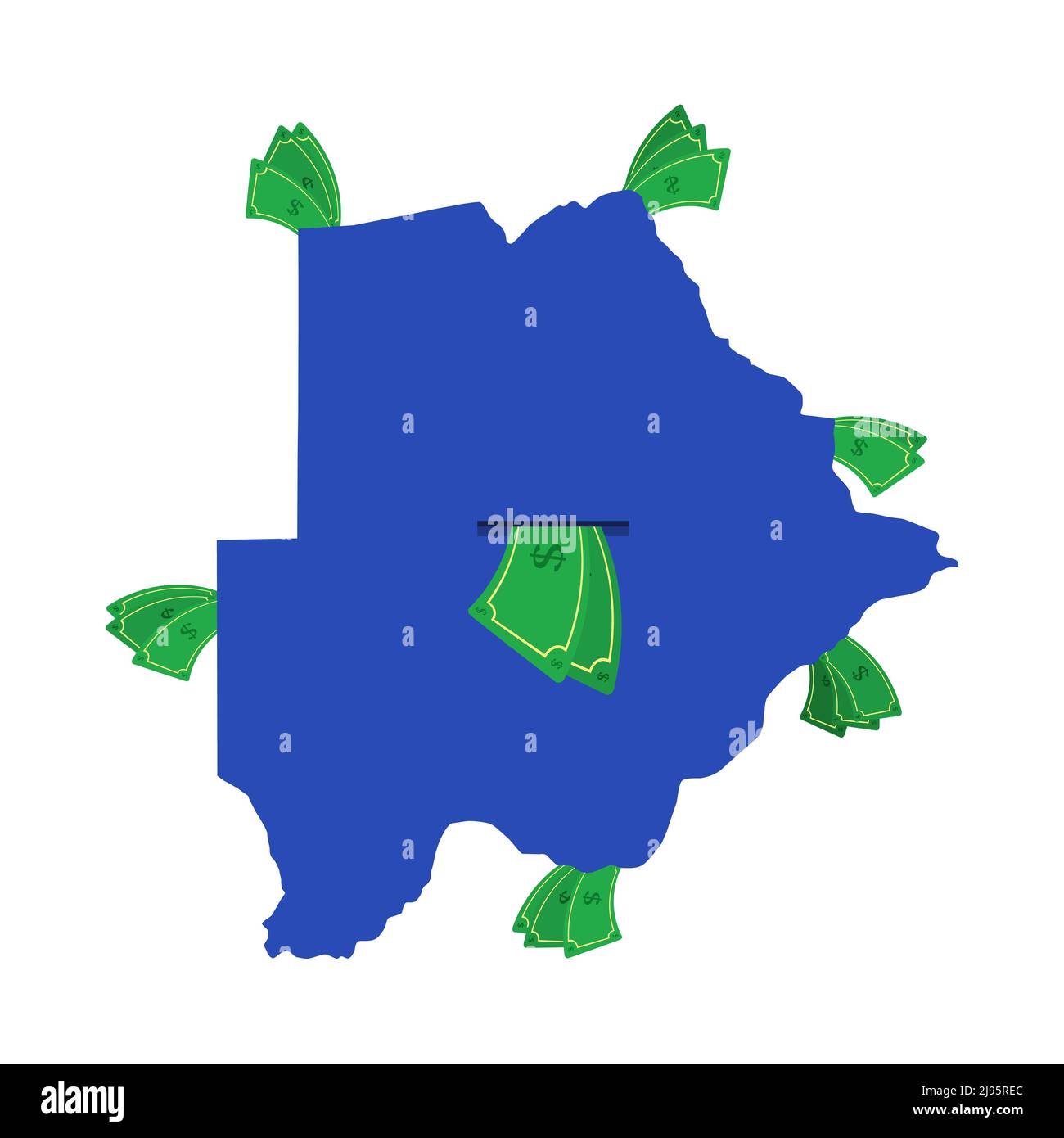 Botswana mappa in blu con bollette in giro. Denaro che lascia il centro del paese. Economia del paese africano. Sfondo bianco. Isolato. Illustrazione Vettoriale