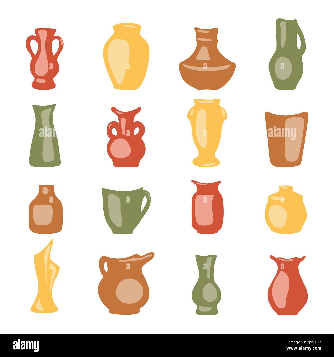 Collezione coppe in ceramica decorativa. Set di vasi colorati in terracotta, semplici ciotole astratte a mano per l'illustrazione vettoriale di disegno interno della scheda Illustrazione Vettoriale