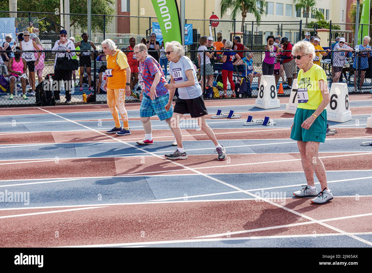 Fort ft. Lauderdale Florida, Ansin Sports Complex Track & Field National Senior Games, Senior donne corridori concorrenti donne fa 90 anni fa, sta Foto Stock