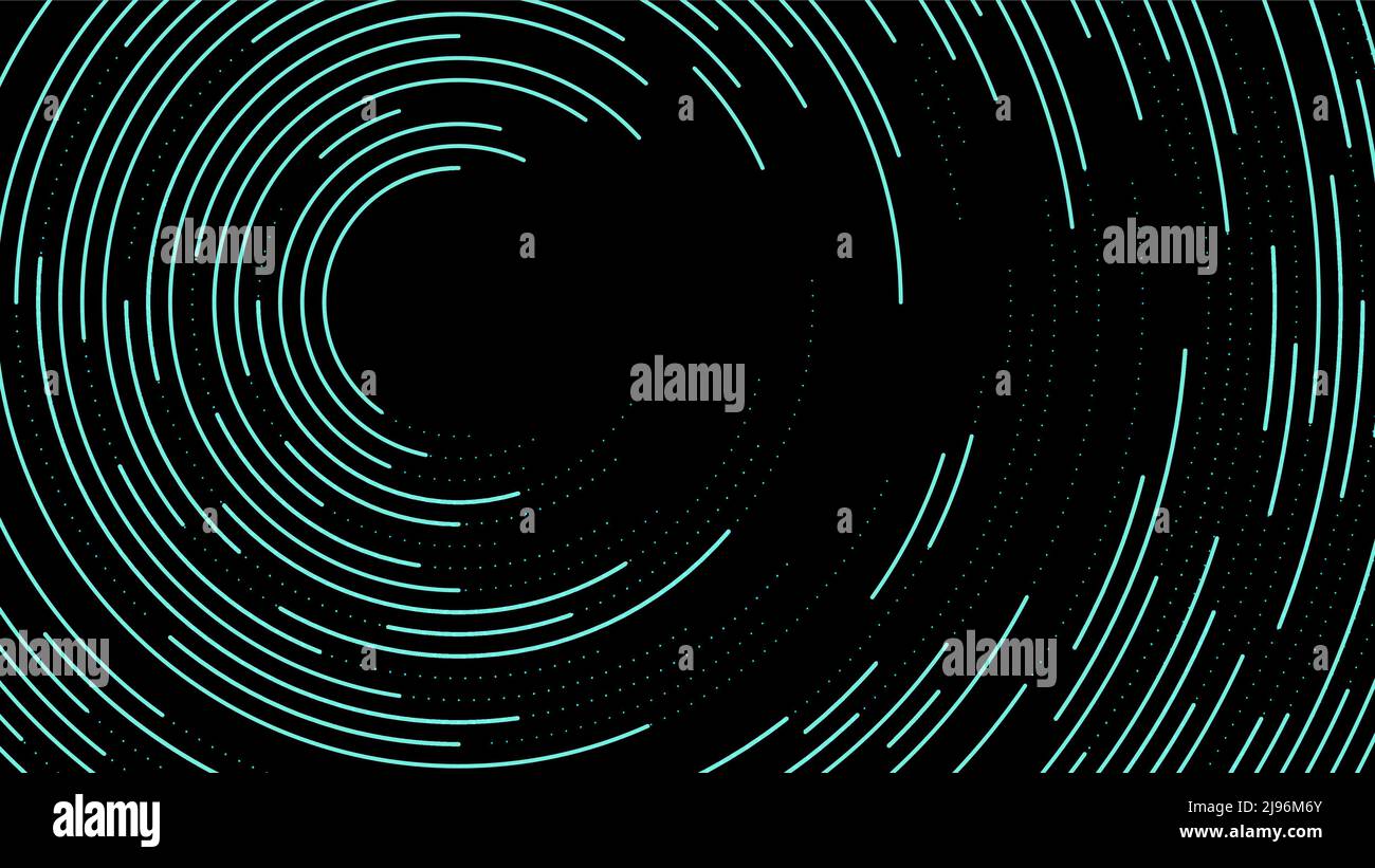 Tecnologia astratta futuristica digitale linee di cerchio blu incandescenti e particelle dinamiche puntini su sfondo nero. Banner di analisi dei dati Illustrazione Vettoriale