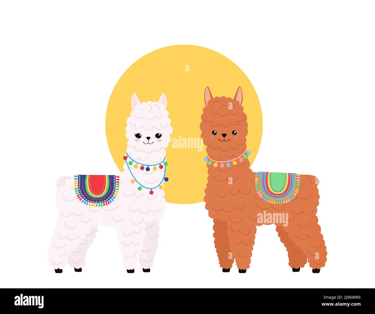Simpatico lama su sfondo bianco. Divertenti personaggi kawaii di alpaca Illustrazione Vettoriale