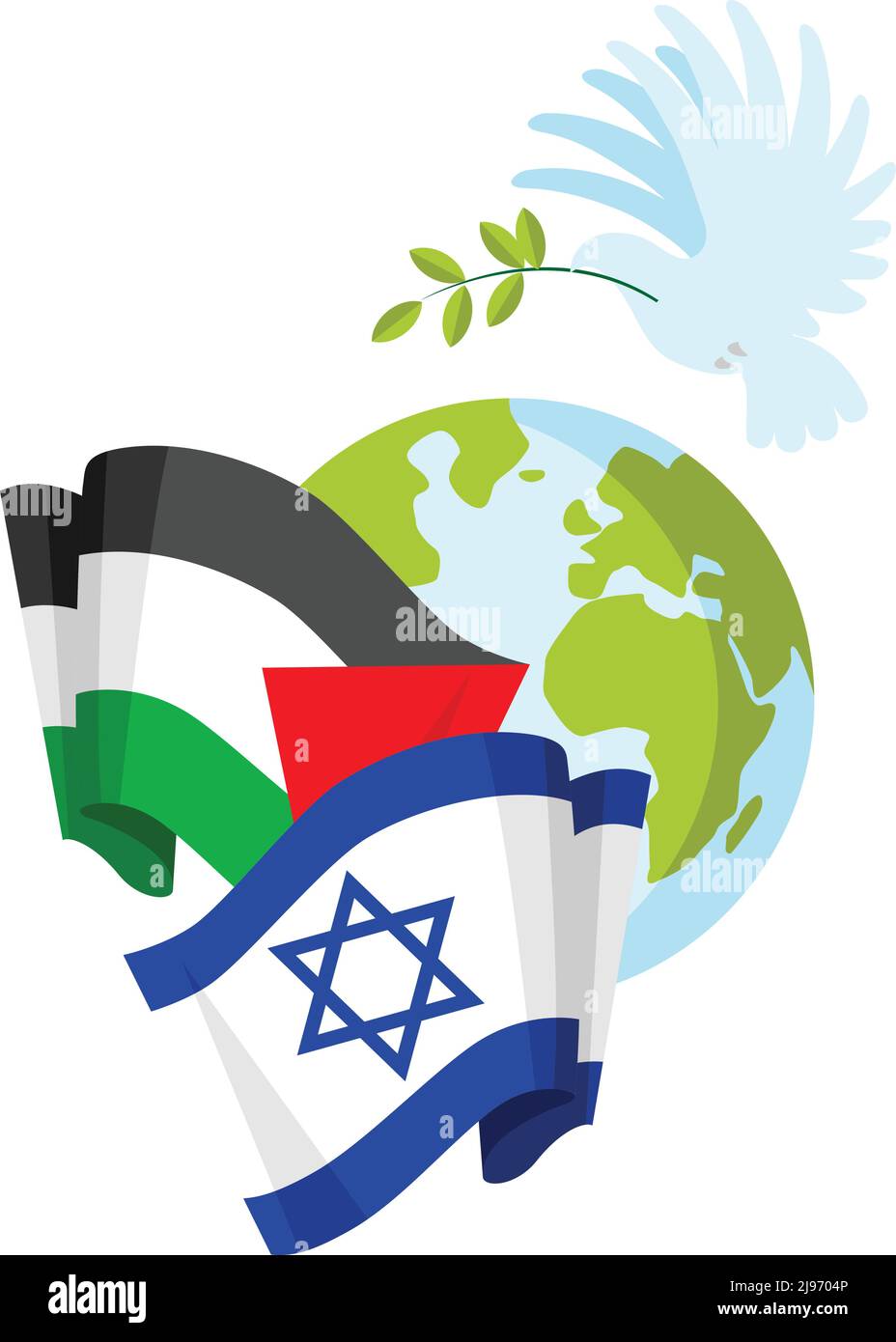 Palestina, Israele bandiere e piccione con ramo di olive su sfondo mondiale. Illustrazione vettoriale in stile piatto isolato. Illustrazione Vettoriale