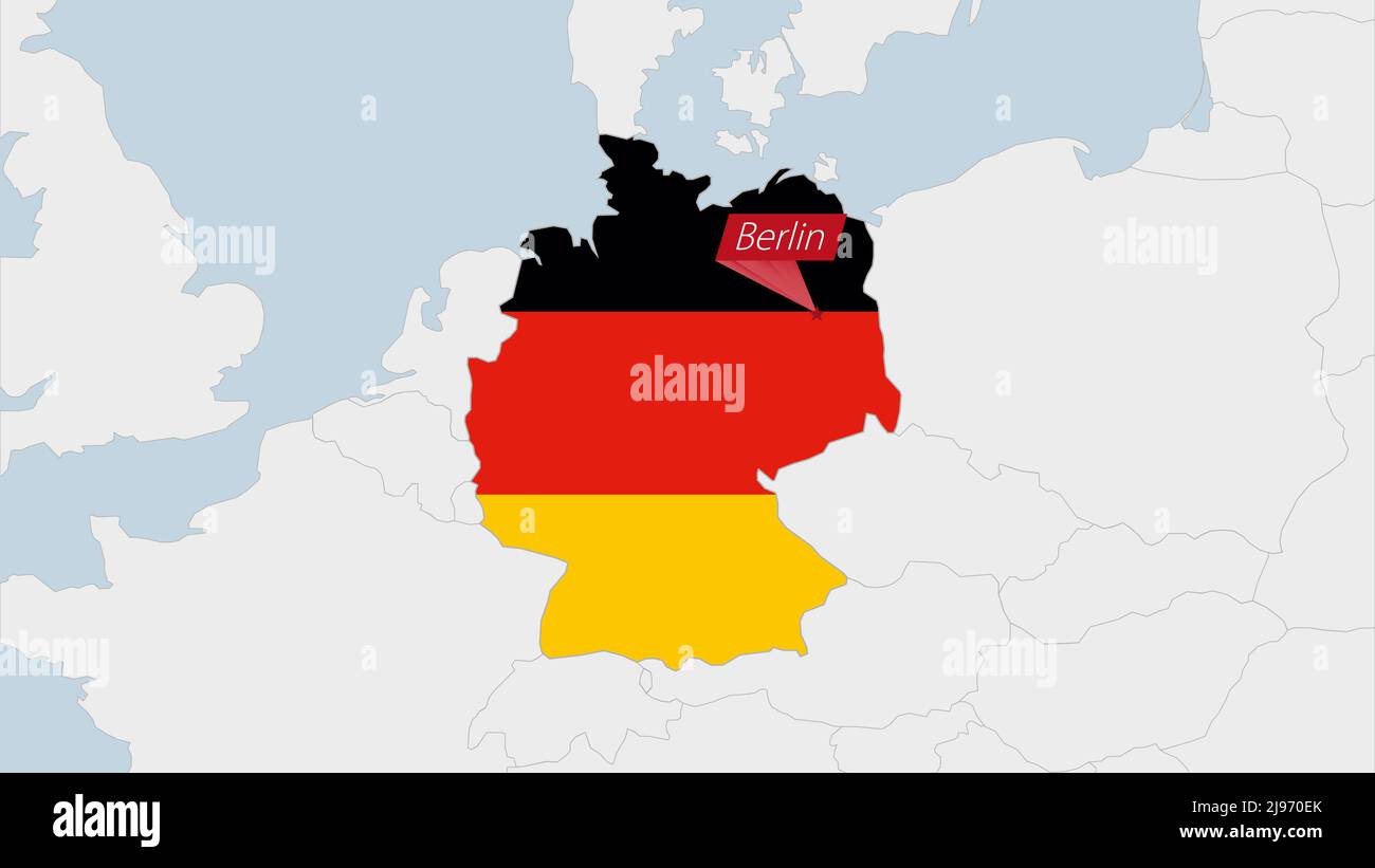 Mappa della Germania evidenziata in Germania i colori della bandiera e pin della capitale del paese Berlino, mappa con i paesi europei vicini. Illustrazione Vettoriale