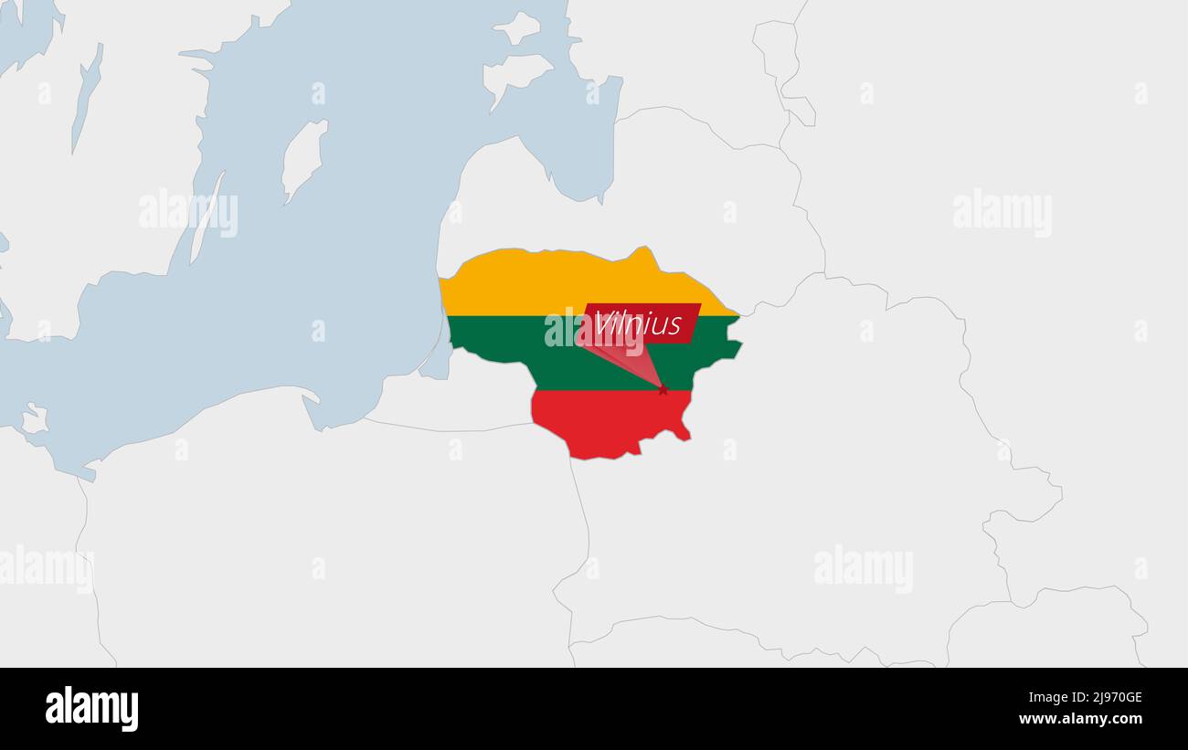 Mappa della Lituania evidenziata nei colori della bandiera lituana e spilla della capitale del paese Vilnius, mappa con i paesi europei vicini. Illustrazione Vettoriale