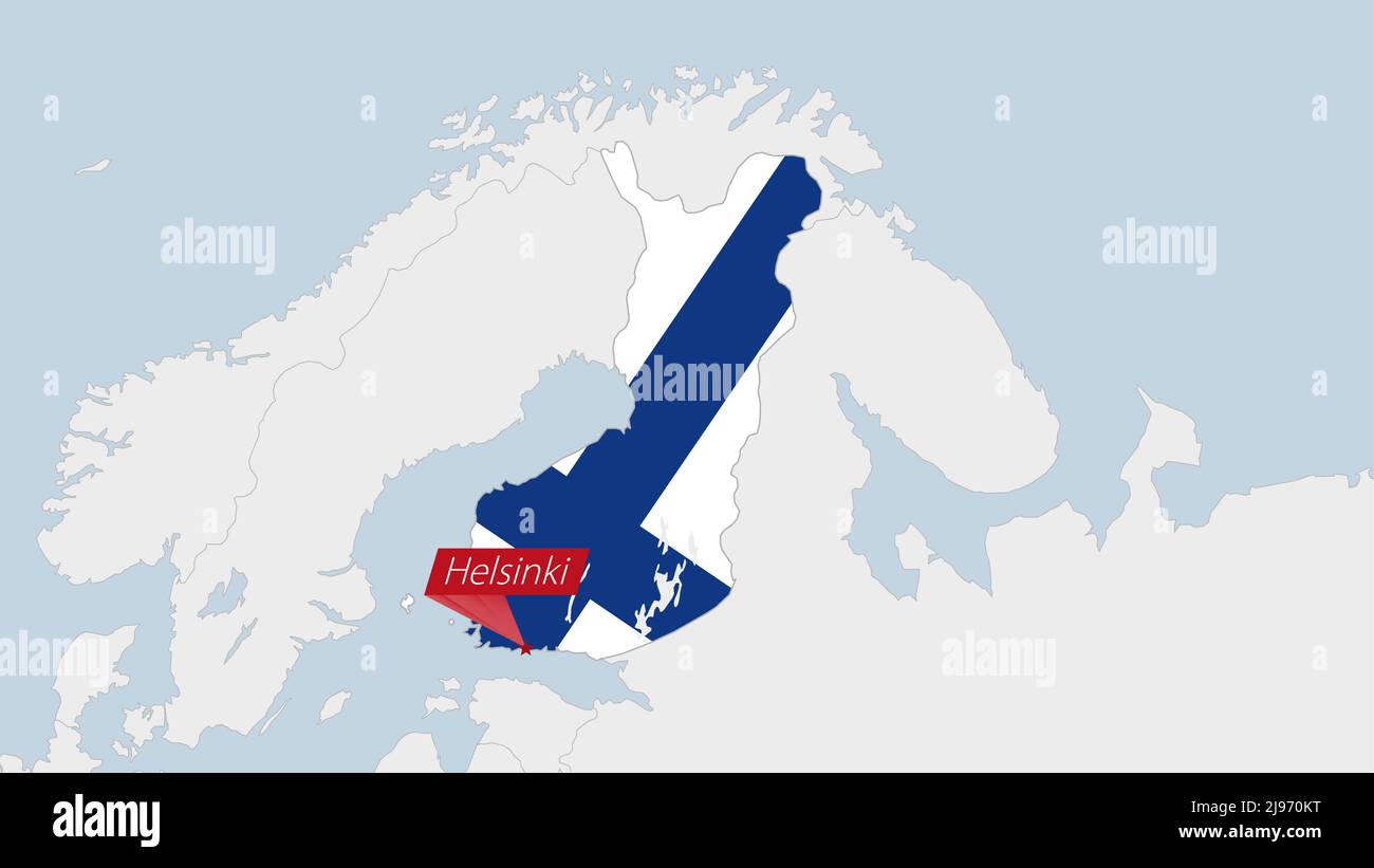 Mappa della Finlandia evidenziata nei colori della bandiera finlandese e spilla della capitale del paese Helsinki, mappa con i paesi europei vicini. Illustrazione Vettoriale