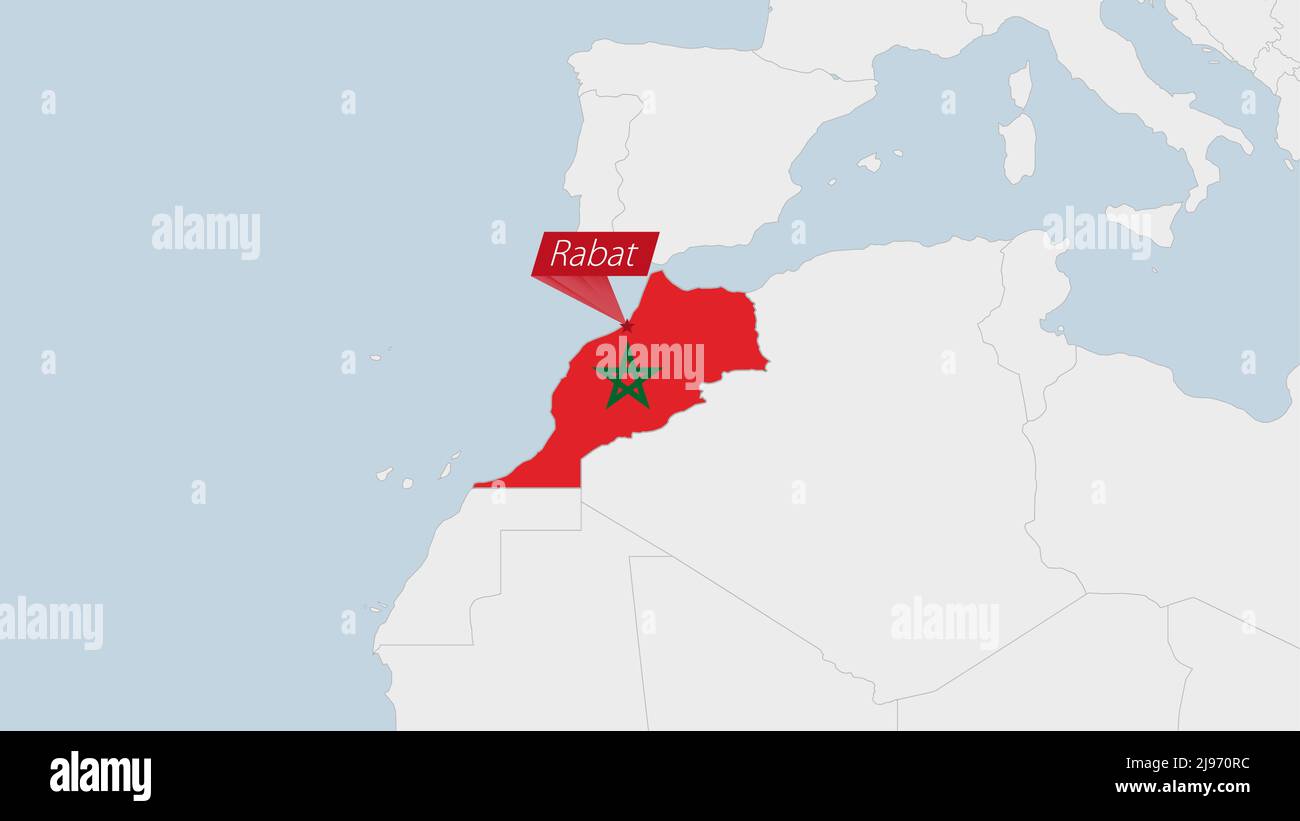 Mappa del Marocco evidenziata nei colori della bandiera del Marocco e pin della capitale del paese Rabat, mappa con i paesi africani vicini. Illustrazione Vettoriale