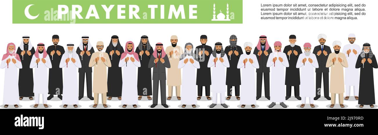 Tempo di preghiera. Differenti persone in piedi che pregano i giovani e gli anziani musulmani in abiti arabi tradizionali. Uomini islamici con perline in mano pregano. VECTO Illustrazione Vettoriale