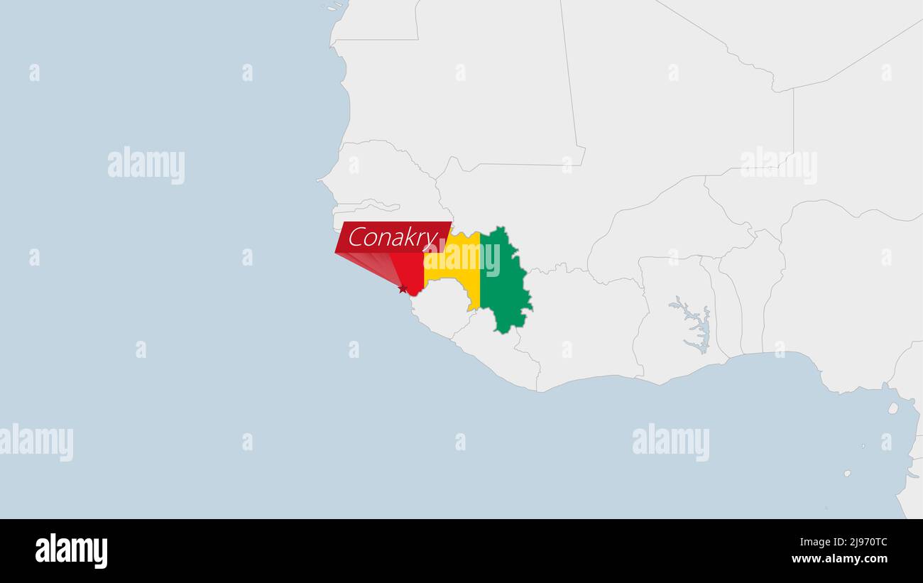 La mappa della Guinea evidenziata in colori della bandiera della Guinea e spilla della capitale del paese Conakry, mappa con i paesi africani vicini. Illustrazione Vettoriale