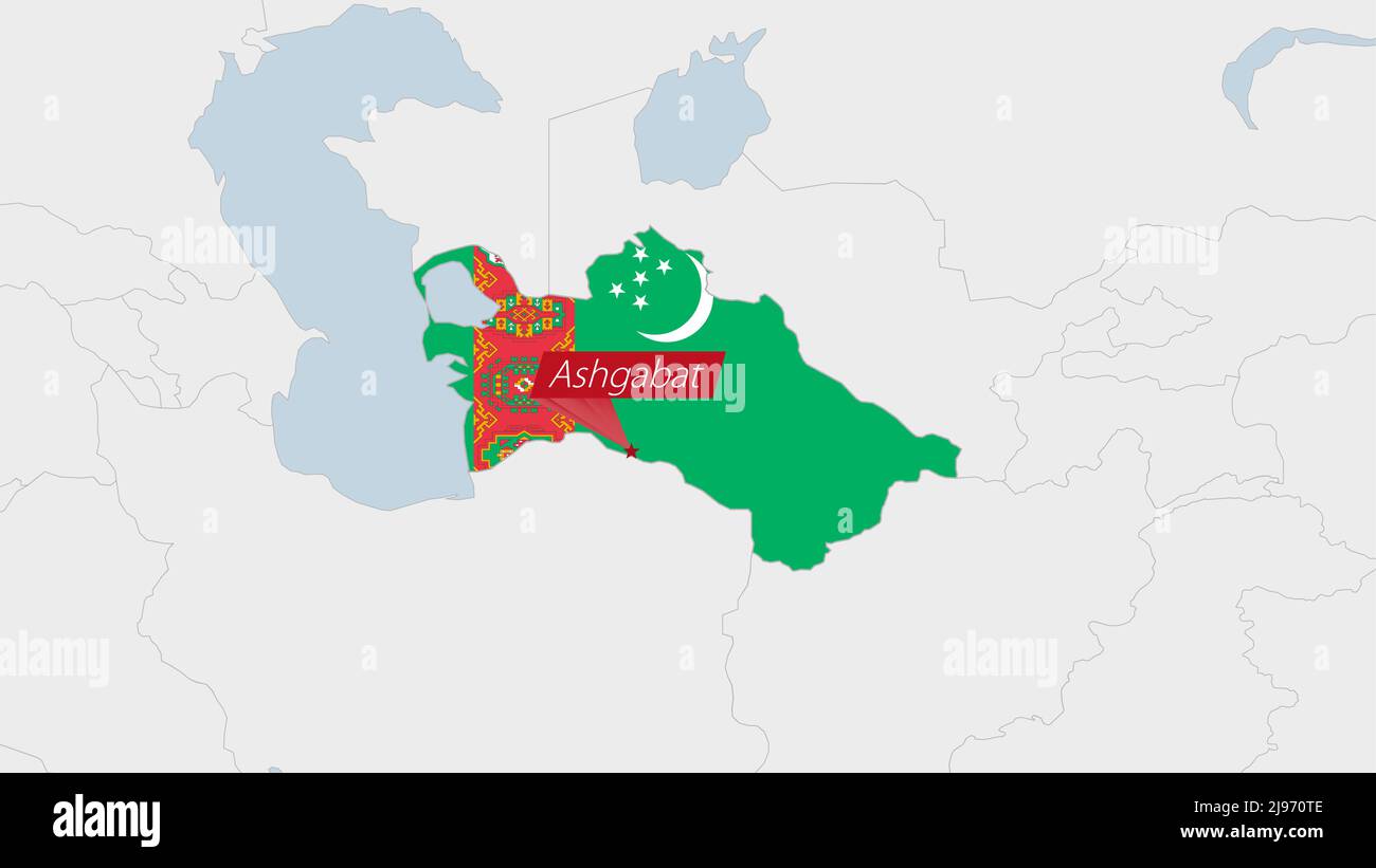Mappa del Turkmenistan evidenziata nei colori della bandiera del Turkmenistan e spilla della capitale del paese Ashgabat, mappa con i paesi asiatici vicini. Illustrazione Vettoriale