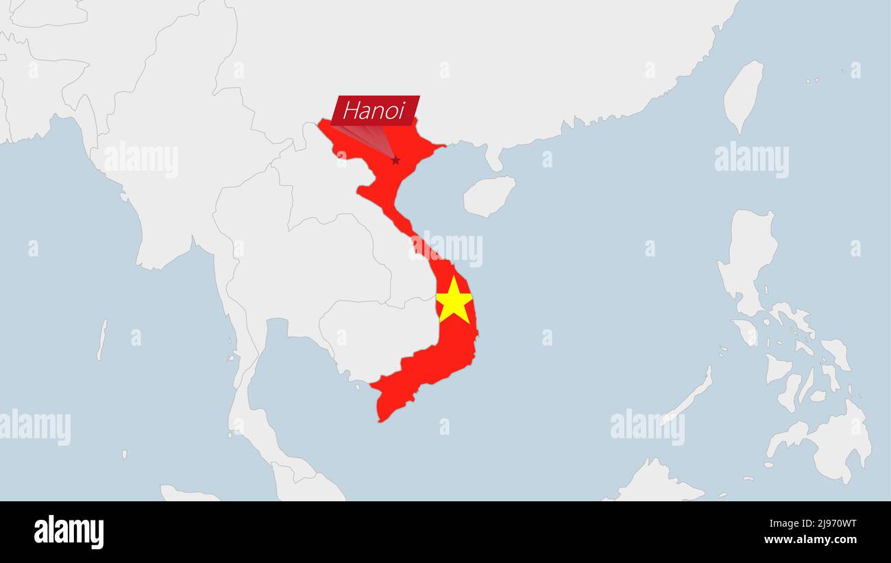 Mappa del Vietnam evidenziata nei colori della bandiera del Vietnam e pin della capitale del paese Hanoi, mappa con i paesi asiatici vicini. Illustrazione Vettoriale