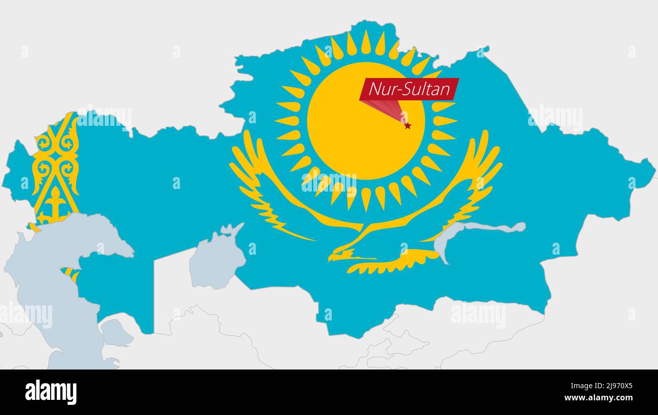 Mappa del Kazakistan evidenziata in colori della bandiera del Kazakistan e spilla della capitale del paese Nur-Sultan, mappa con i paesi asiatici vicini. Illustrazione Vettoriale