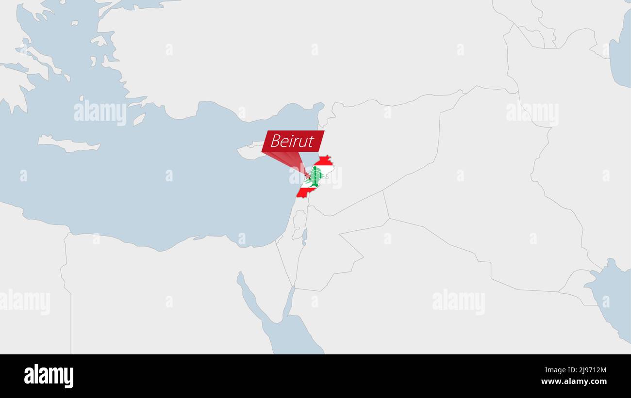 Mappa del Libano evidenziata nei colori della bandiera del Libano e spilla della capitale del paese Beirut, mappa con i paesi asiatici vicini. Illustrazione Vettoriale