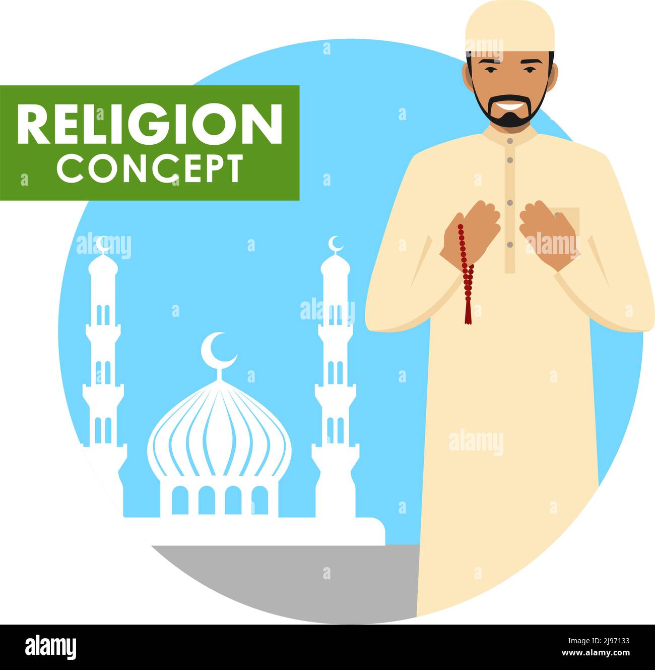 L'uomo islamico con le perle in mano prega. Persona musulmana in piedi sullo sfondo silhouette di moschea e minareti. Illustrazione vettoriale. Illustrazione Vettoriale