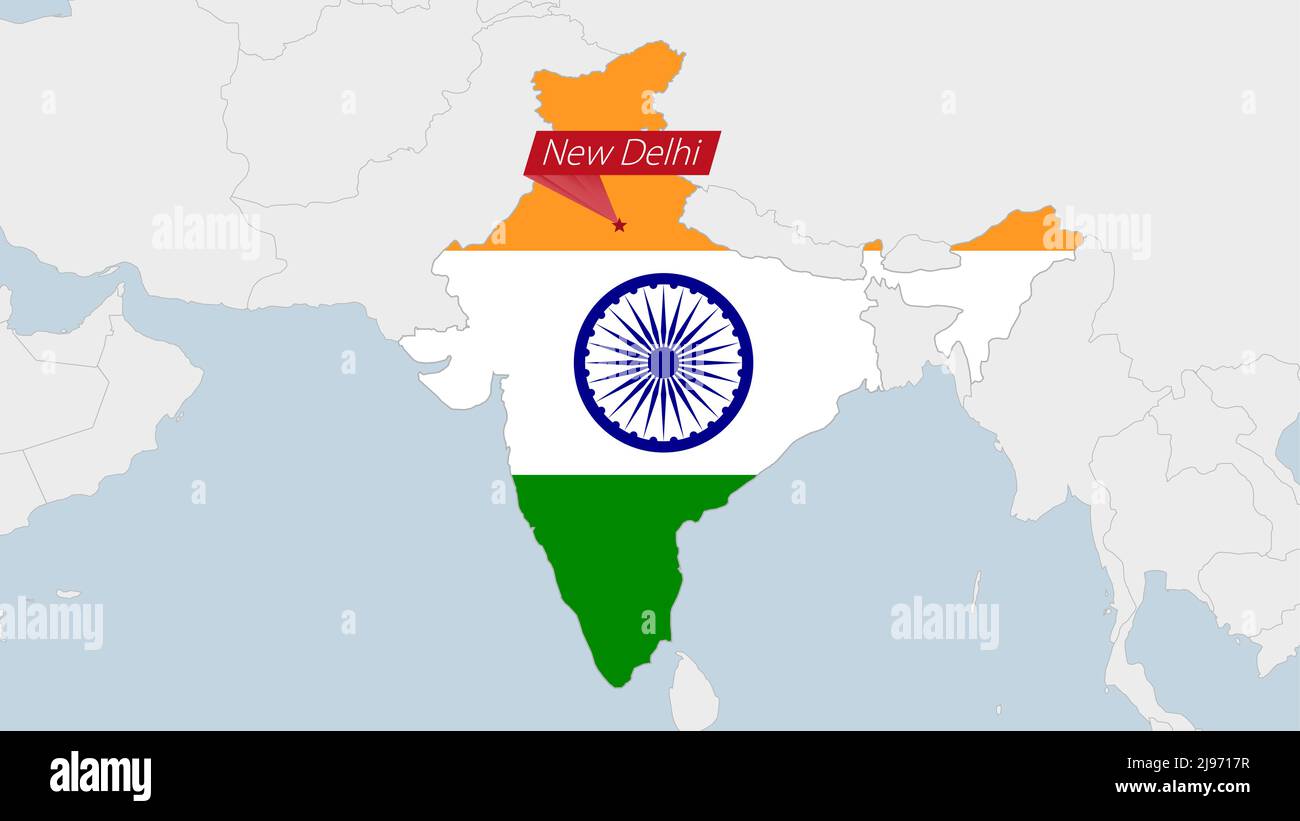 India mappa evidenziata in India colori bandiera e pin del paese capitale Nuova Delhi, mappa con paesi asiatici vicini. Illustrazione Vettoriale