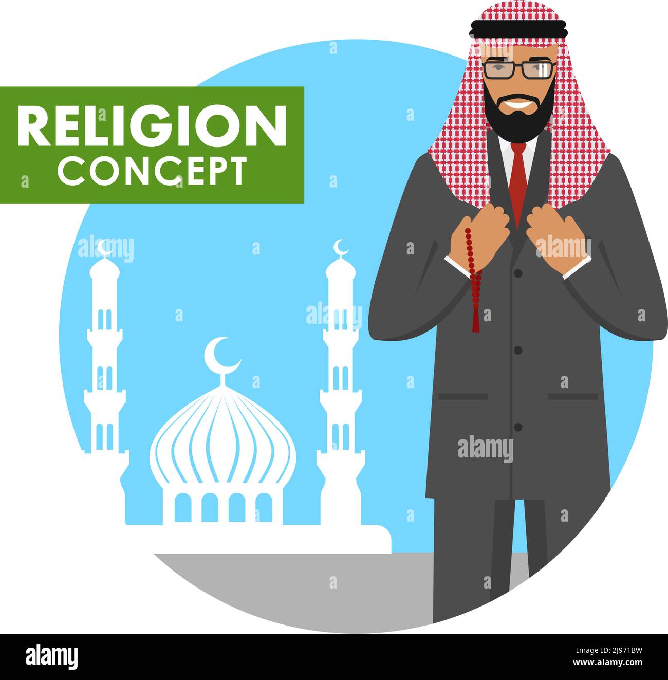 L'uomo islamico con le perle in mano prega. Persona musulmana in piedi sullo sfondo silhouette di moschea e minareti. Illustrazione vettoriale. Illustrazione Vettoriale
