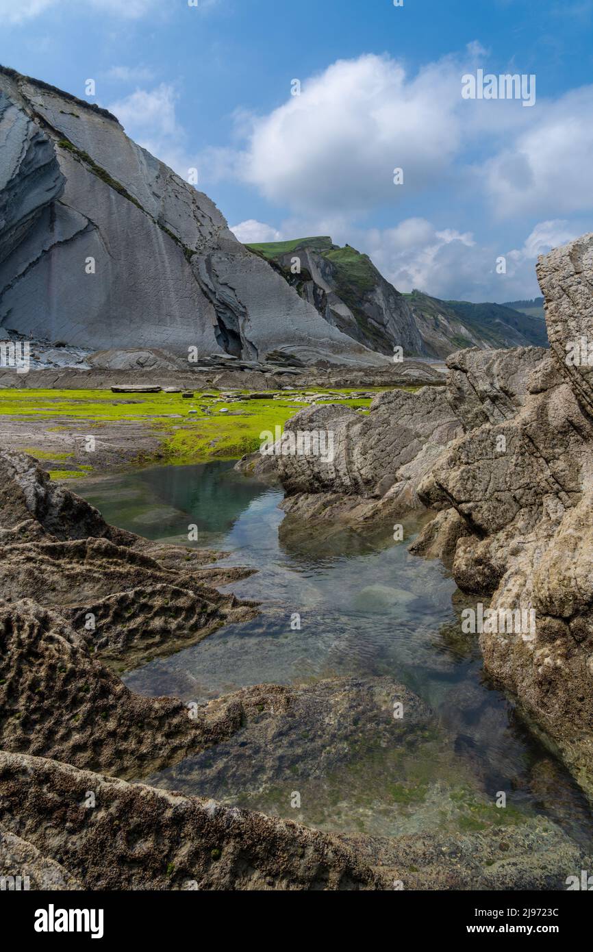 Una vista verticale delle formazioni rocciose di Flysch e delle scogliere con piscine di marea sulla costa dei Paesi Baschi vicino a Zumaia Foto Stock