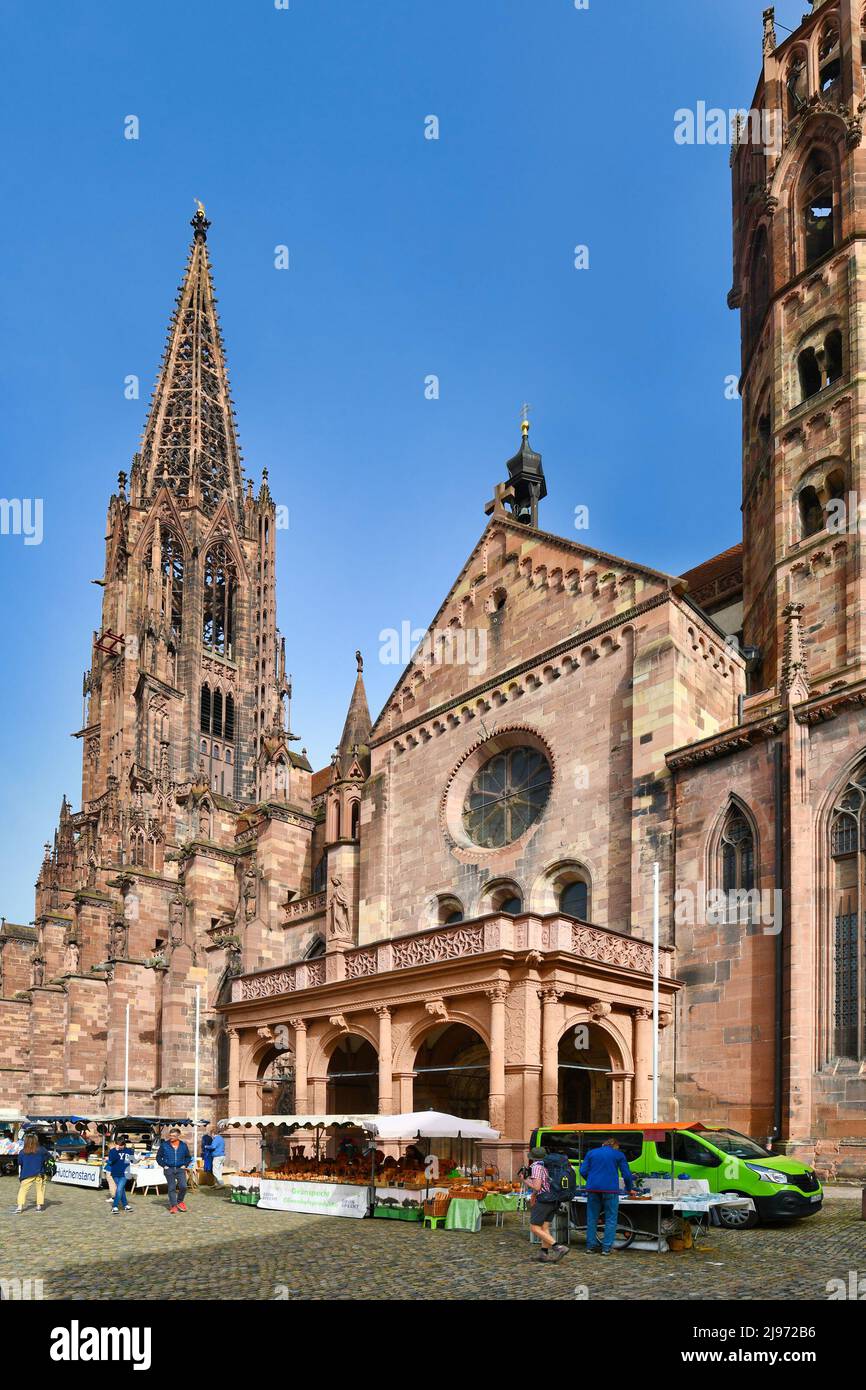 Friburgo, Germania - Aprile 2022: Cattedrale di Friburgo con mercato giornaliero nel centro della città Foto Stock