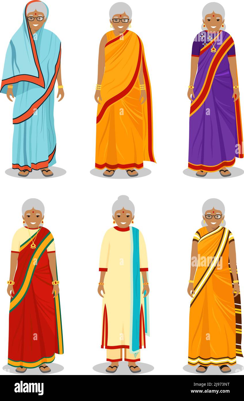 Donna indiana. Illustrazione dettagliata di diverse vecchie donne indiane in piedi nel tradizionale abbigliamento nazionale indiano isolato su sfondo bianco in Illustrazione Vettoriale
