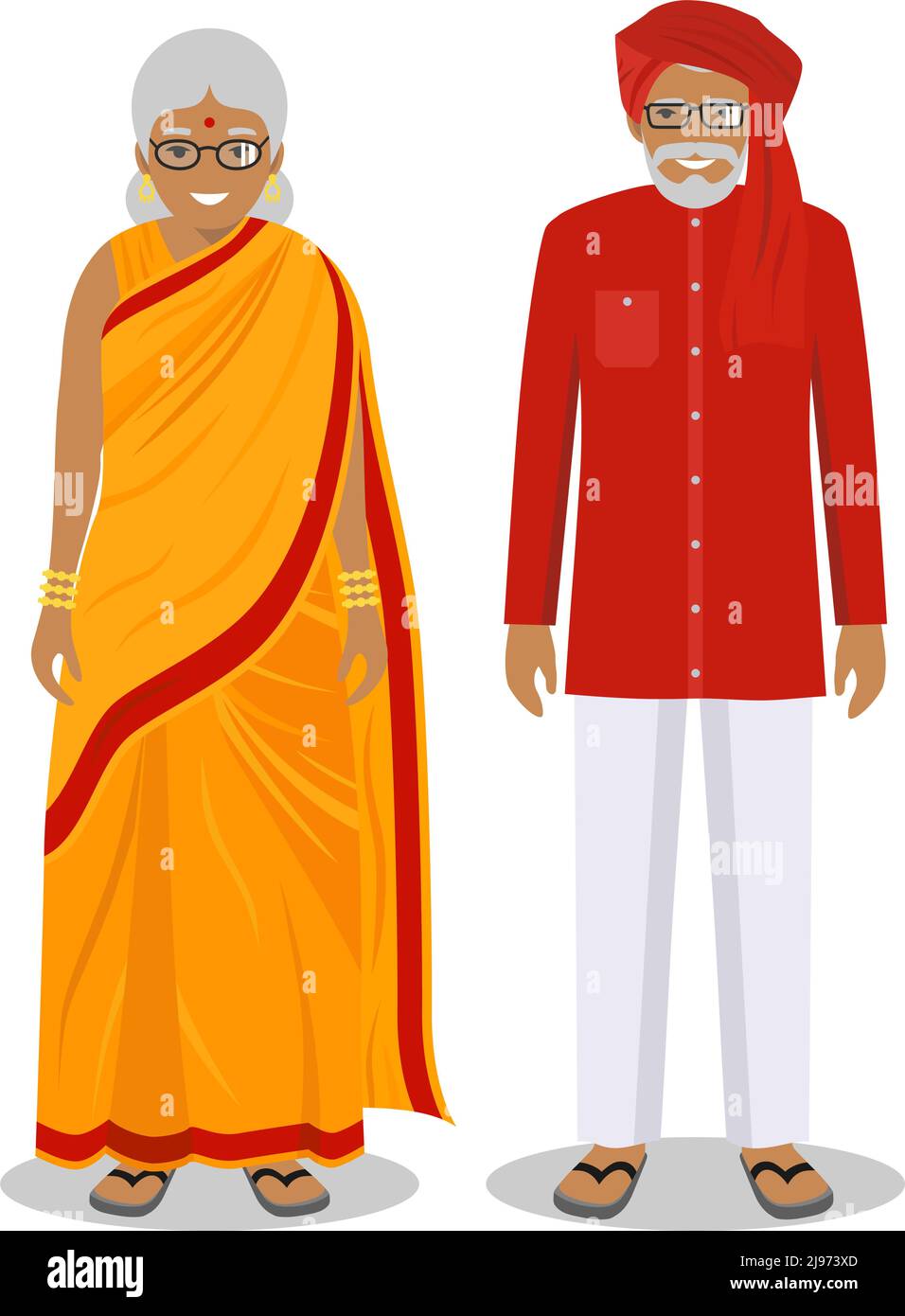 Illustrazione dettagliata di vecchio popolo indiano in piedi nel tradizionale abbigliamento nazionale indiano isolato su sfondo bianco in stile piatto. IND. Senior Illustrazione Vettoriale