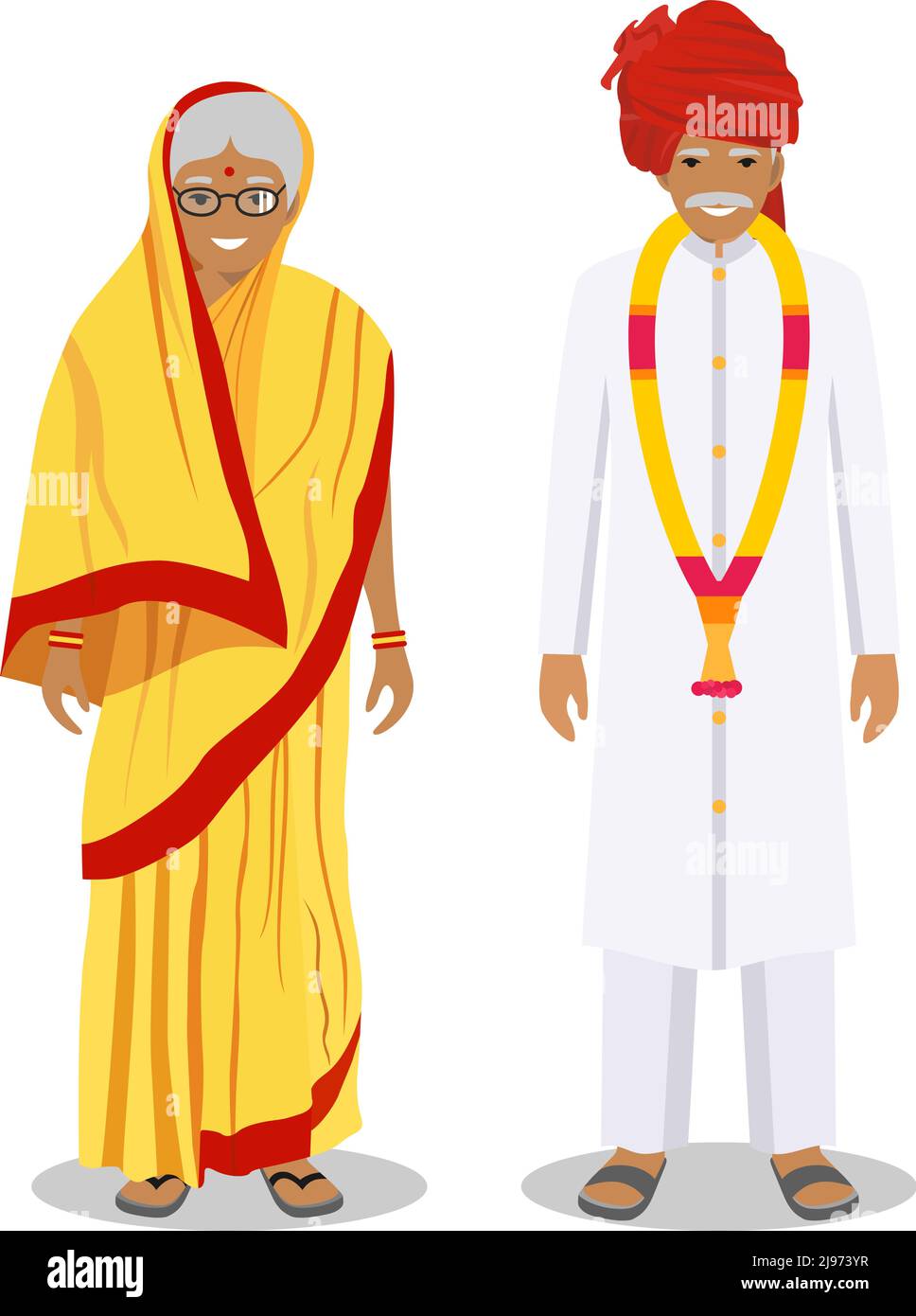 Illustrazione dettagliata di vecchio popolo indiano in piedi nel tradizionale abbigliamento nazionale indiano isolato su sfondo bianco in stile piatto. IND. Senior Illustrazione Vettoriale