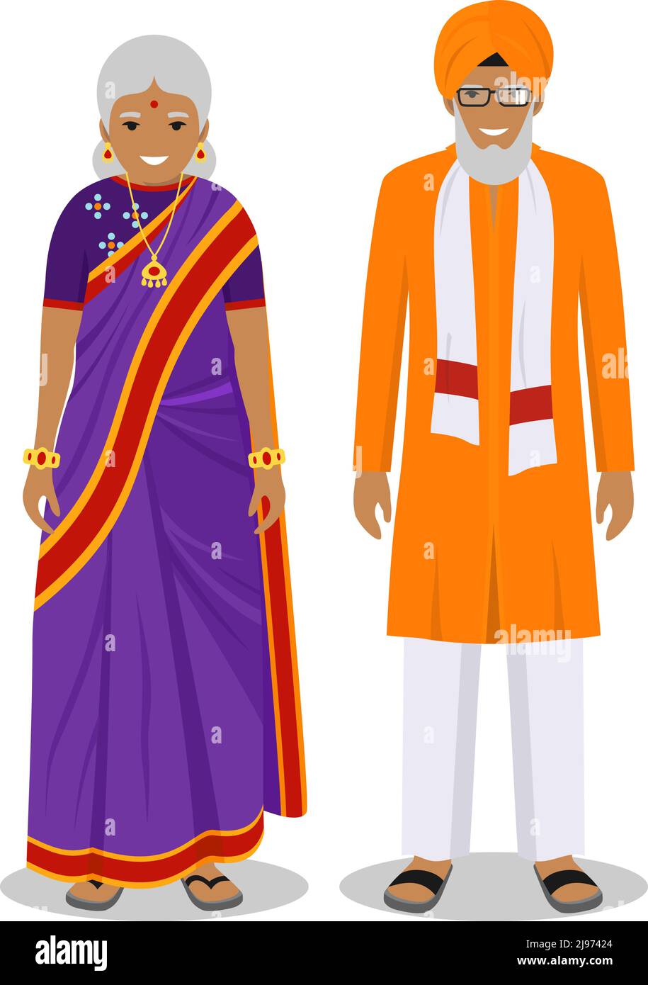 Illustrazione dettagliata di vecchio popolo indiano in piedi nel tradizionale abbigliamento nazionale indiano isolato su sfondo bianco in stile piatto. IND. Senior Illustrazione Vettoriale