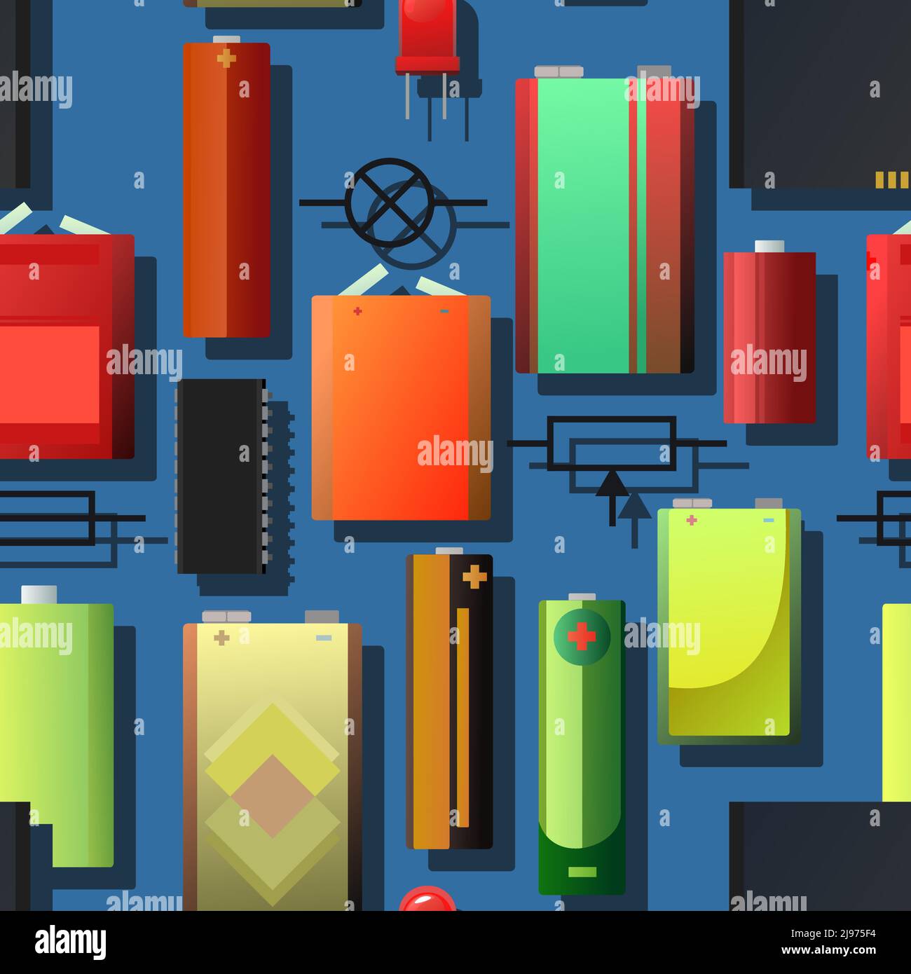 Fonte di energia della batteria con simboli del circuito. Ripetizione senza giunture. Accumulatore di elettricità. Ripetizione senza giunture. Cella galvanica. Dissociazione elettrolitica. SAL Illustrazione Vettoriale