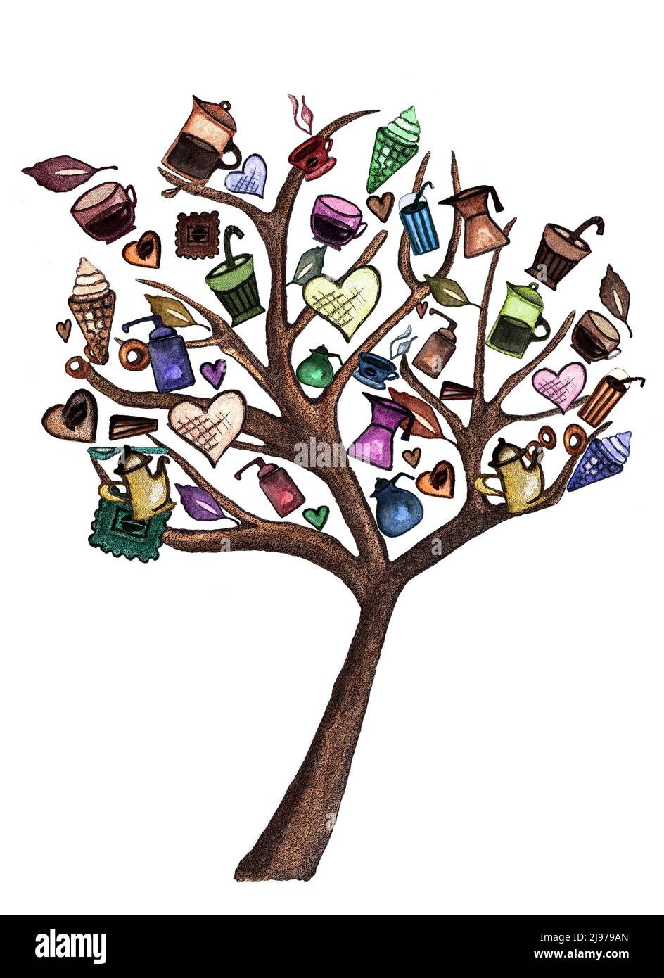 Caffè e dessert collezione albero concetto per caffè. Set colorato di tazze di caffè, bollitori, dessert su albero. Poster filtrato illustrazione acquerello Foto Stock