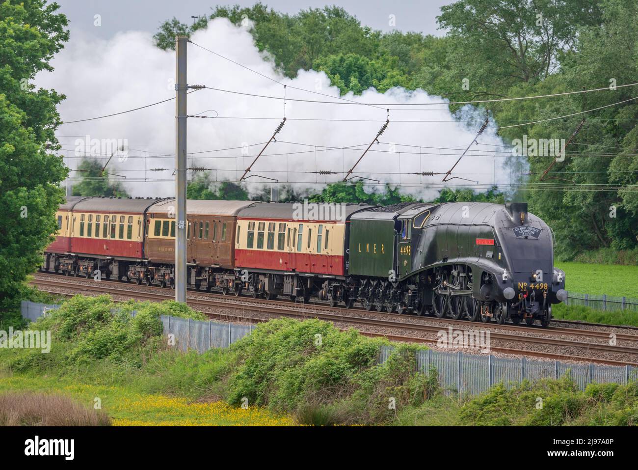 Heritage restaurato A4 Pacific locomotiva a vapore Sir Nigel Gresley durante il suo primo tour ferroviario dopo la revisione visto in direzione nord da Crewe a Carlisle. Foto Stock