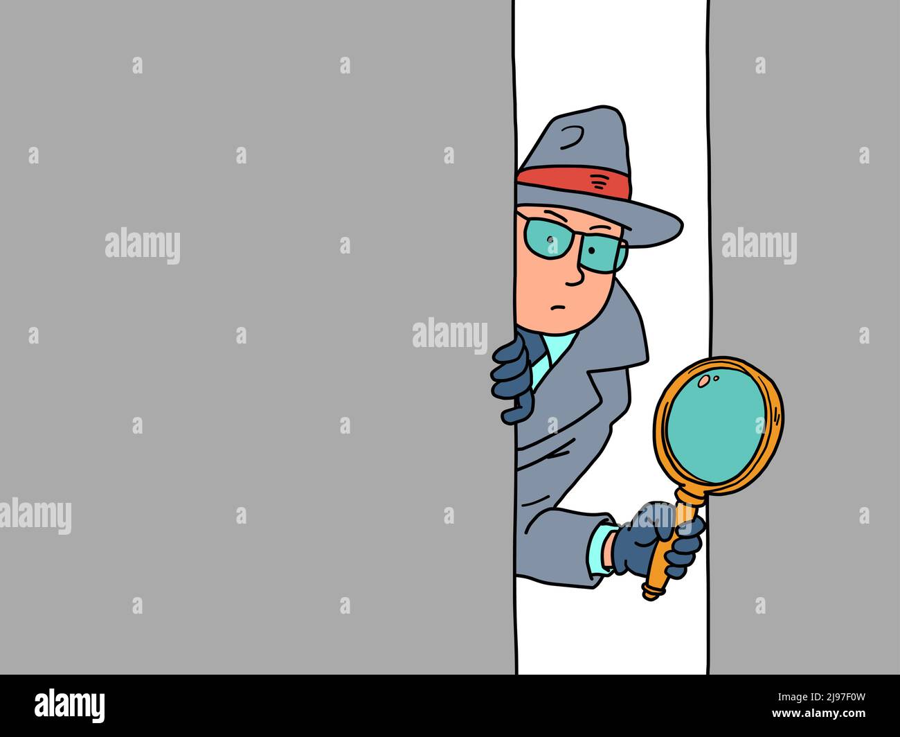 Il detective guarda fuori con una lente d'ingrandimento da dietro la porta, un uomo in un cappotto, cappello e occhiali Illustrazione Vettoriale