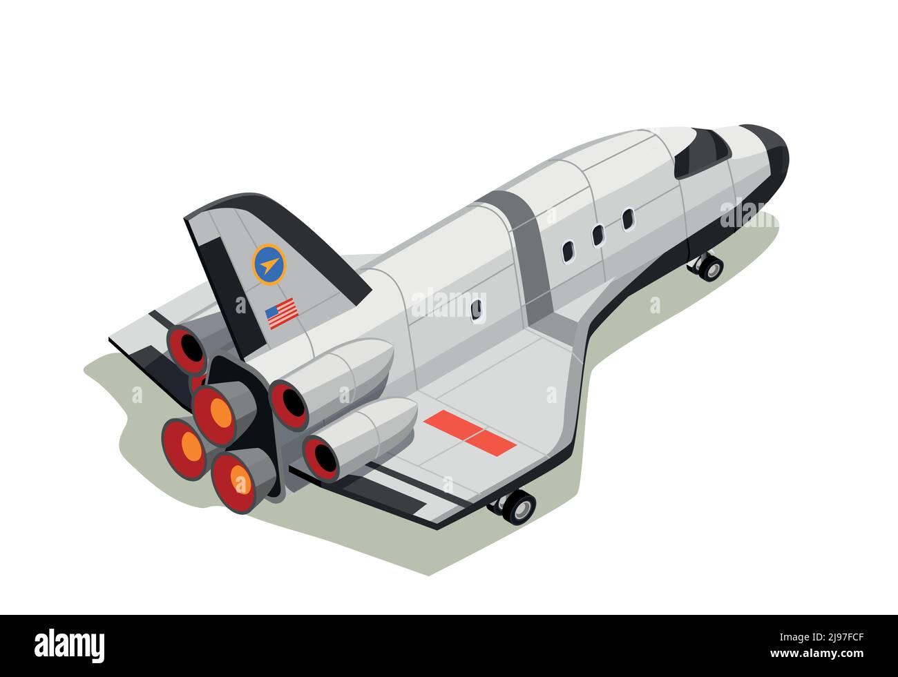 Astronauti esplorazione spaziale pianeta composizione isometrica con spazio interstellare isolato spedire sulla spinta di scarico con illustrazione vettoriale delle ombre Illustrazione Vettoriale