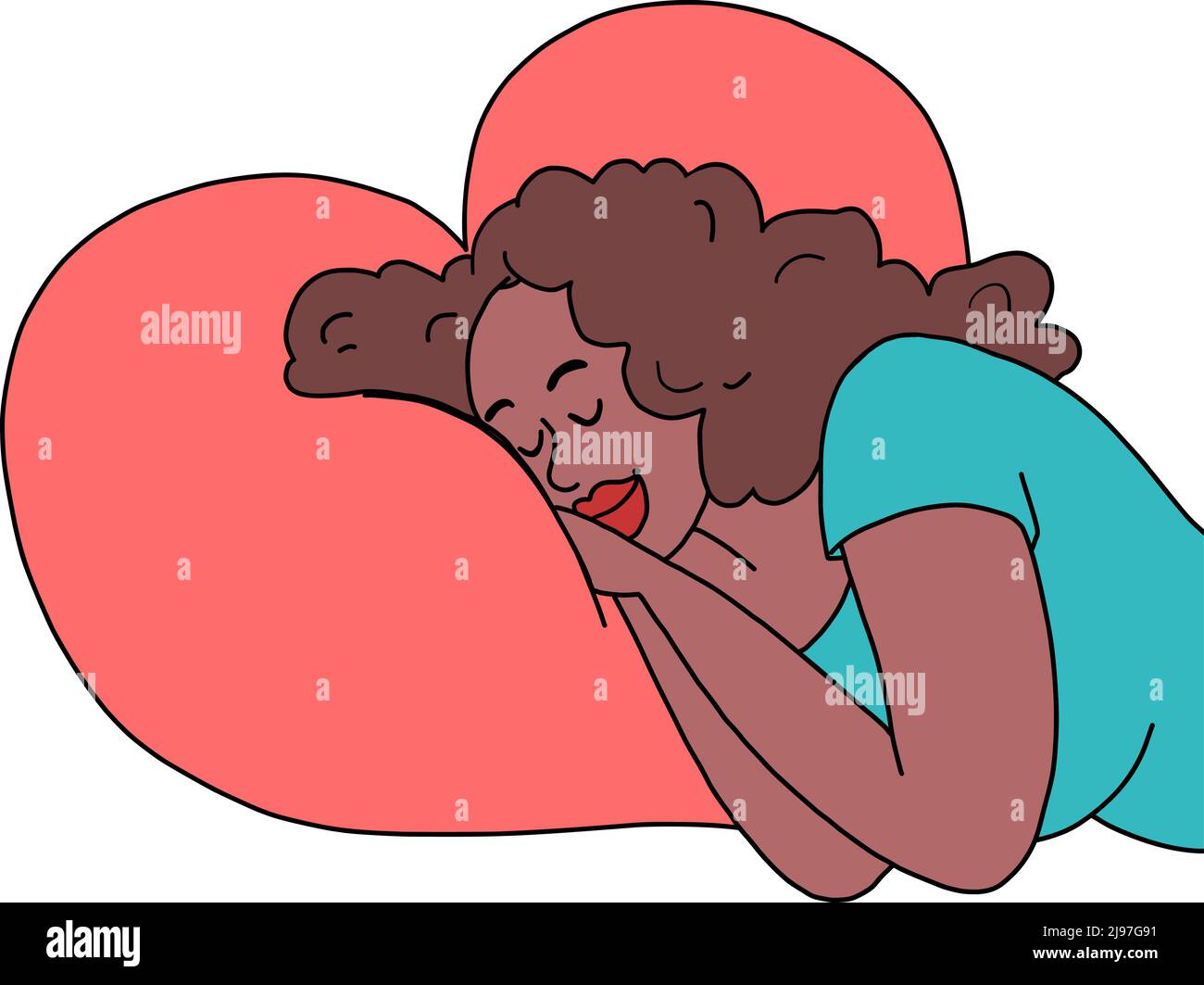 Una giovane donna africana dorme di notte, riposa la fatica. Atmosfera casalinga e rilassata Illustrazione Vettoriale