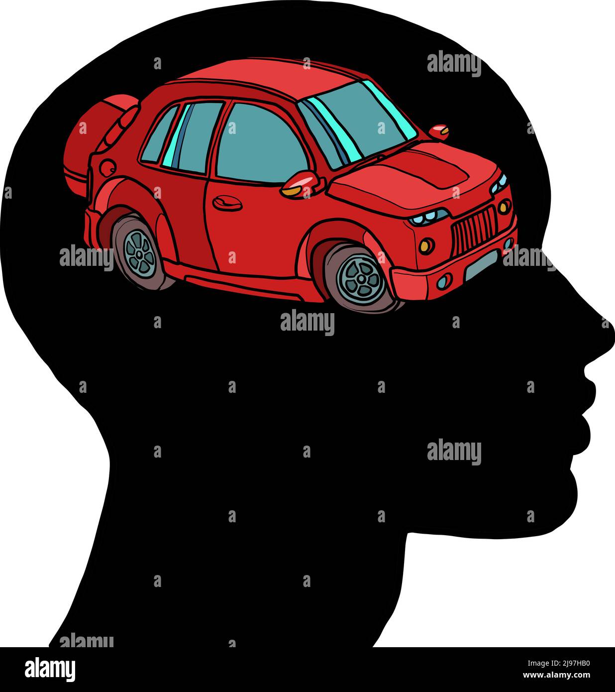 trasporto auto passeggeri. Pensieri nella silhouette della testa, sogni. Illustrazione Vettoriale