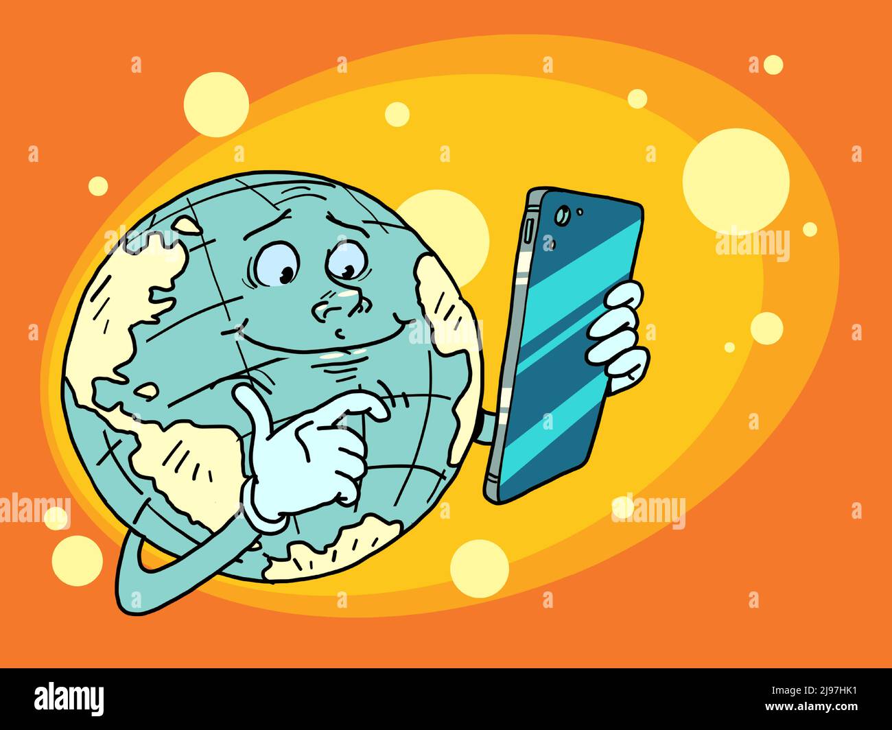 pianeta terra personaggio con telefono, connessione globale, internet Illustrazione Vettoriale
