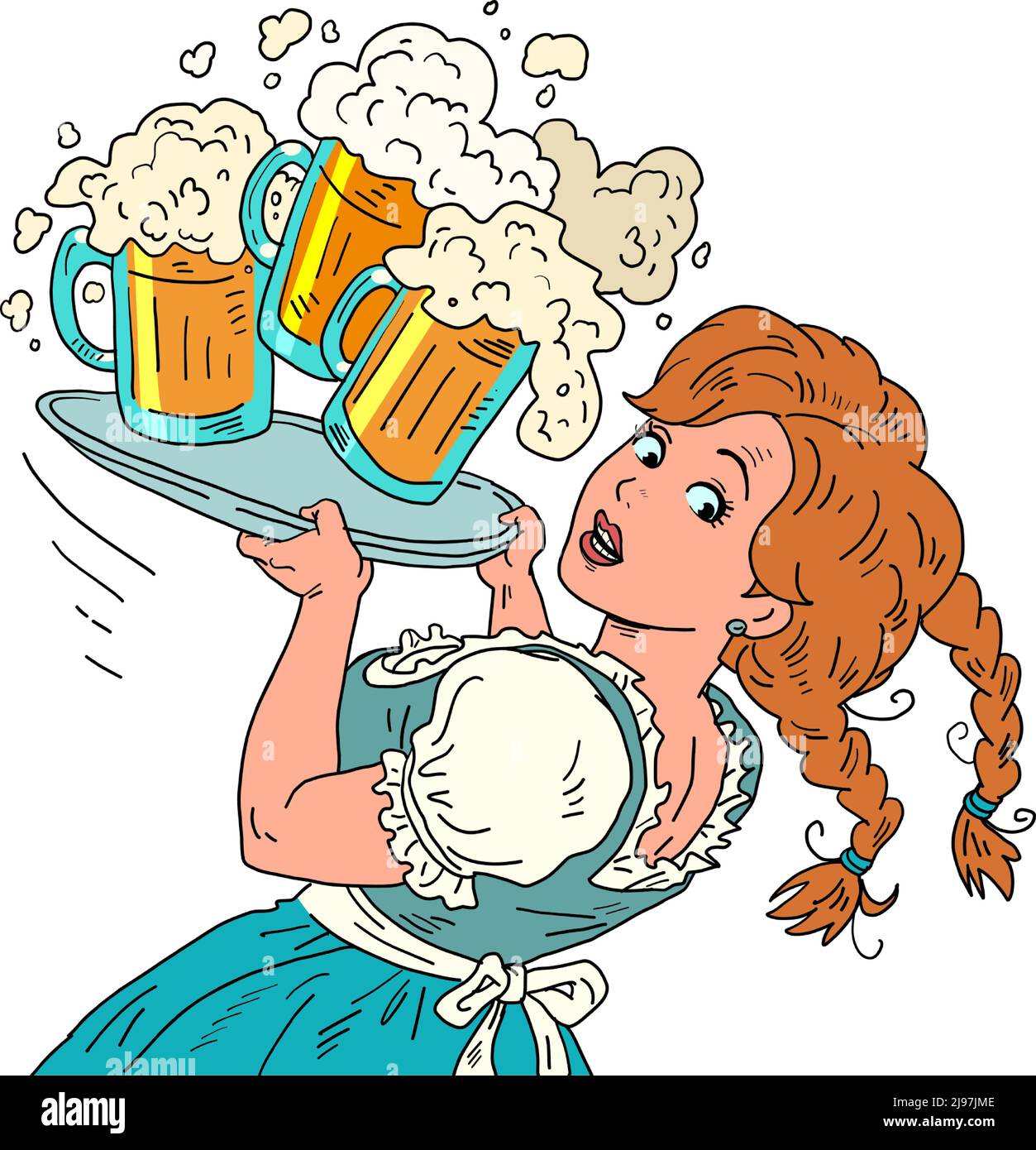 La ragazza fa cadere la birra, una cameriera con una birra, in abiti nazionali. Oktoberfest festival, ristorante pub taverna Illustrazione Vettoriale