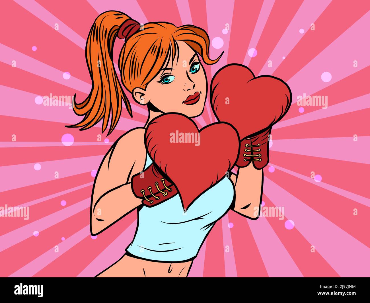 Una bella donna boxer valentines giorno guanti di cuore, forti emozioni sentimenti Illustrazione Vettoriale