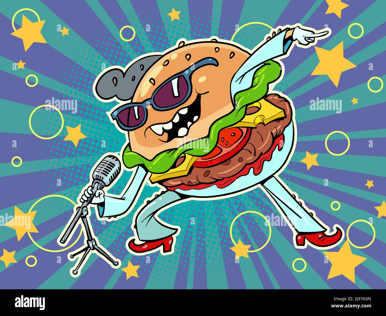 Fast food Burger canta sul palco, cantante d'artista. Musica e cibo Illustrazione Vettoriale