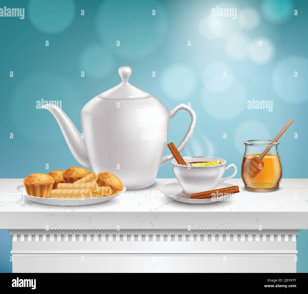 Teiera in porcellana bianca, vasetto di miele in vetro teacup caldo e piastra muffin waffle composizione realistica illustrazione vettoriale Illustrazione Vettoriale