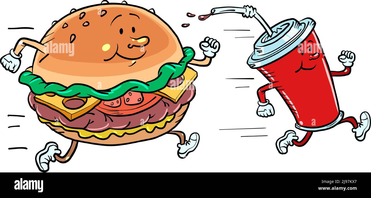 Fast food personaggi hamburger e cola drink correre. Stile di vita sportivo e Street food Illustrazione Vettoriale