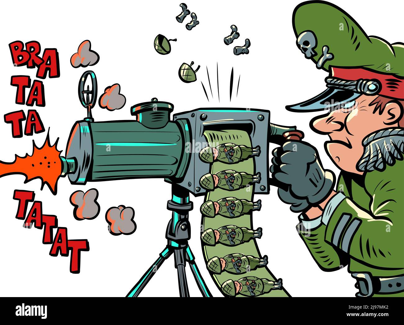 Guerra. Il generale militarista spara soldati come proiettili da una mitragliatrice Illustrazione Vettoriale