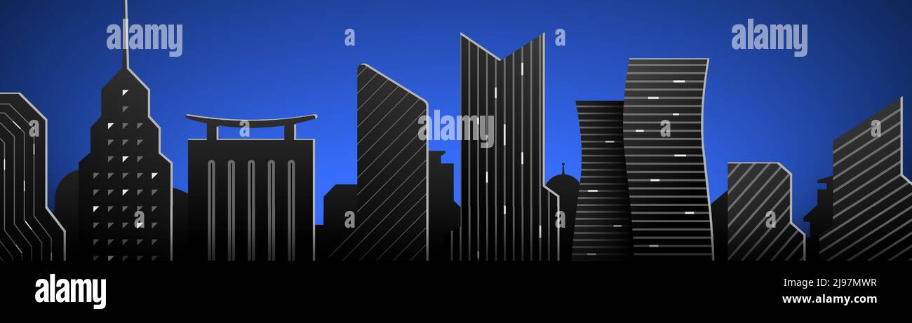 Grattacieli neri su sfondo blu. Illustrazione vettoriale banner Web architetturale. Illustrazione Vettoriale