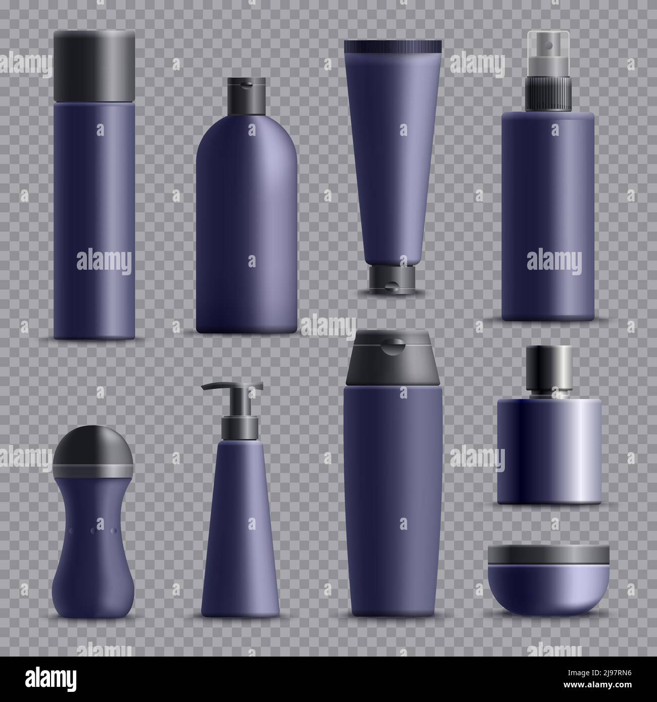 Set di confezioni cosmetiche maschili realistiche di colore viola blu su sfondo trasparente immagine vettoriale isolata Illustrazione Vettoriale