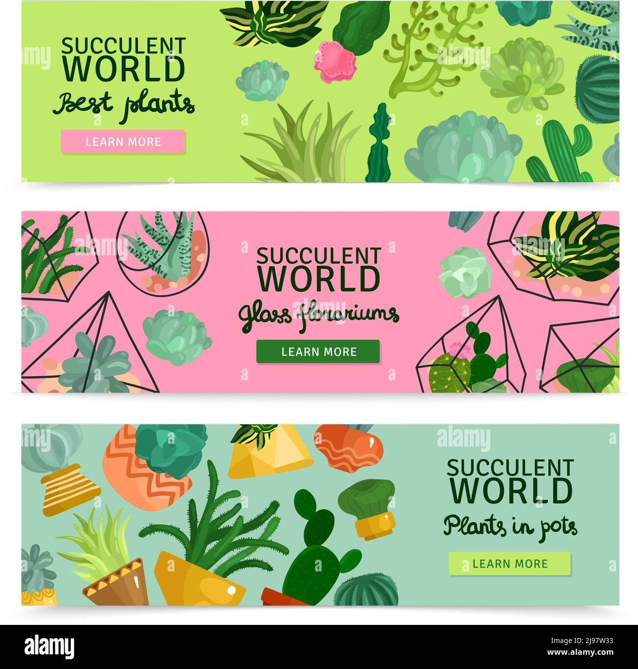 Succulents Banners orizzontali con succulenti simboli del mondo in piano isolato illustrazione vettoriale Illustrazione Vettoriale