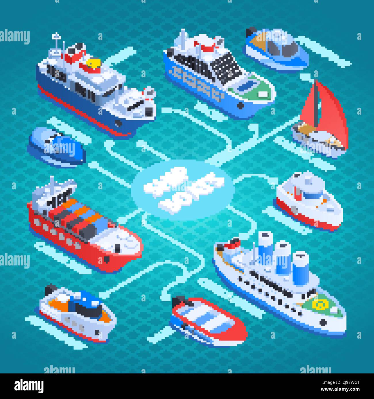 Navi diagramma di flusso isometrico con nave da carico, traghetto, nave da crociera, vela e barche a motore su sfondo turchese illustrazione vettoriale Illustrazione Vettoriale