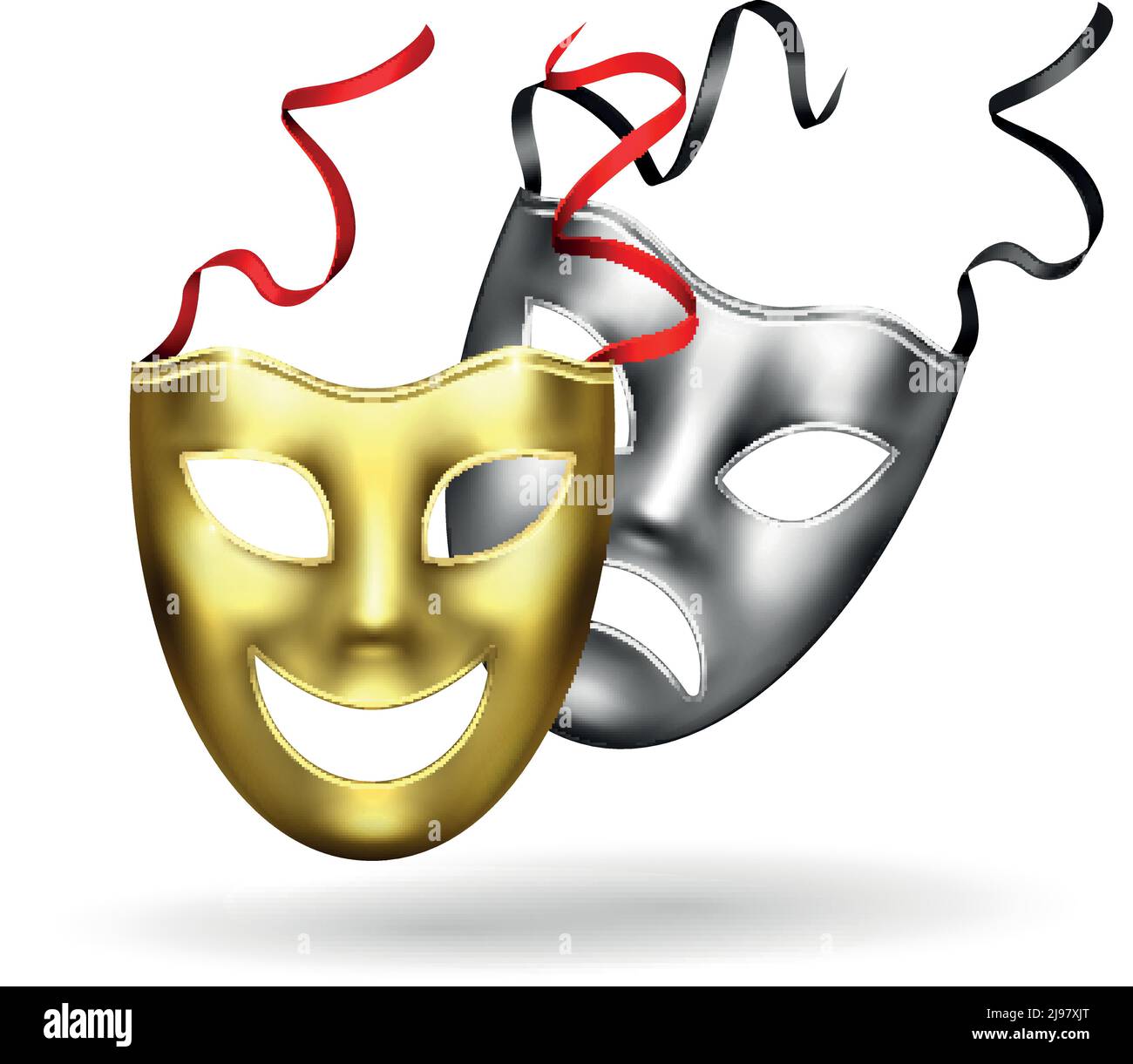 Commedia tragedia Golden argento maschere teatro composizione realistica di due maschere teatrali classiche felice e triste illustrazione vettoriale Illustrazione Vettoriale