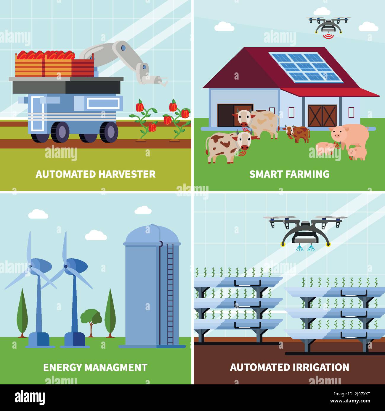 Agricoltura intelligente con trebbiatrice senza equipaggio, irrigazione automatizzata, gestione dell'energia, concetto di progettazione piatta ortogonale, illustrazione vettoriale isolata Illustrazione Vettoriale