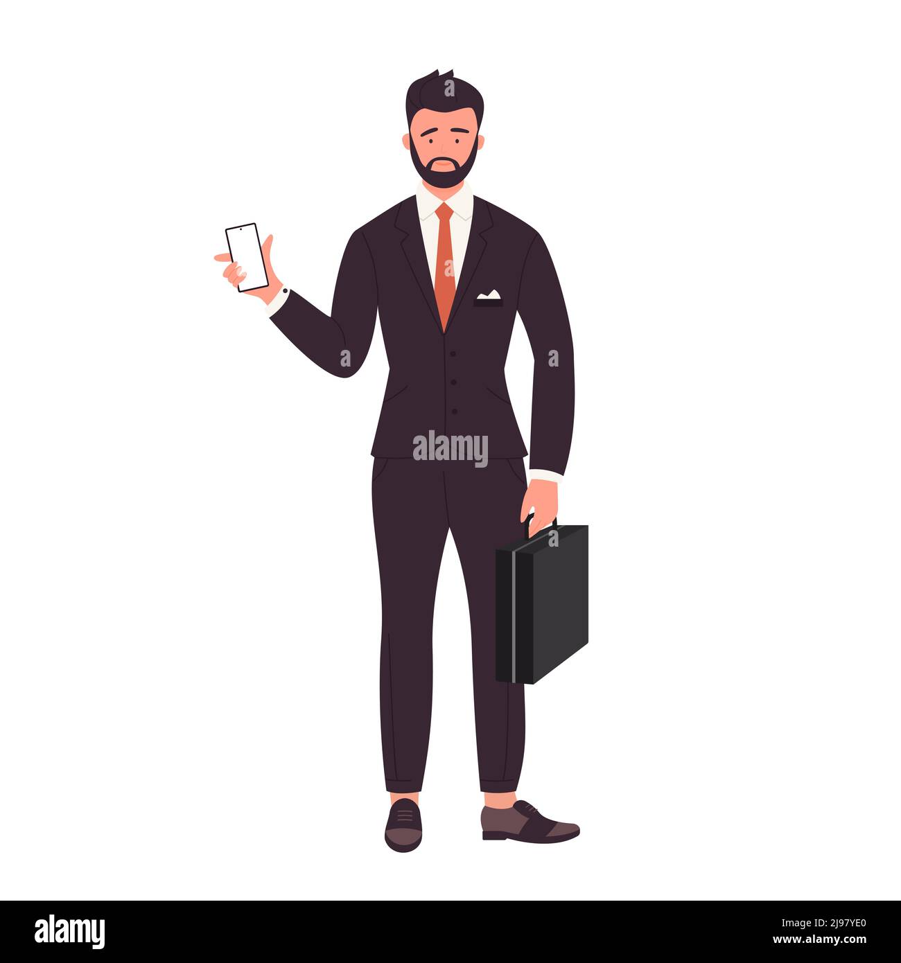 Valigia e telefono da uomo d'affari. Direttore in piedi in nero abito illustrazione vettoriale Illustrazione Vettoriale